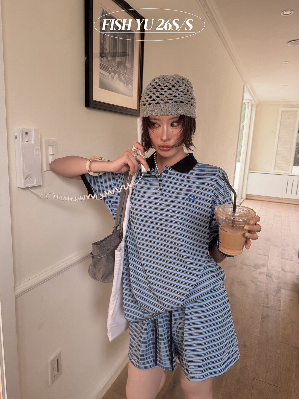 FISH YU夏韩系立体小标条纹POLO衫松紧腰休闲短裤套装女626193