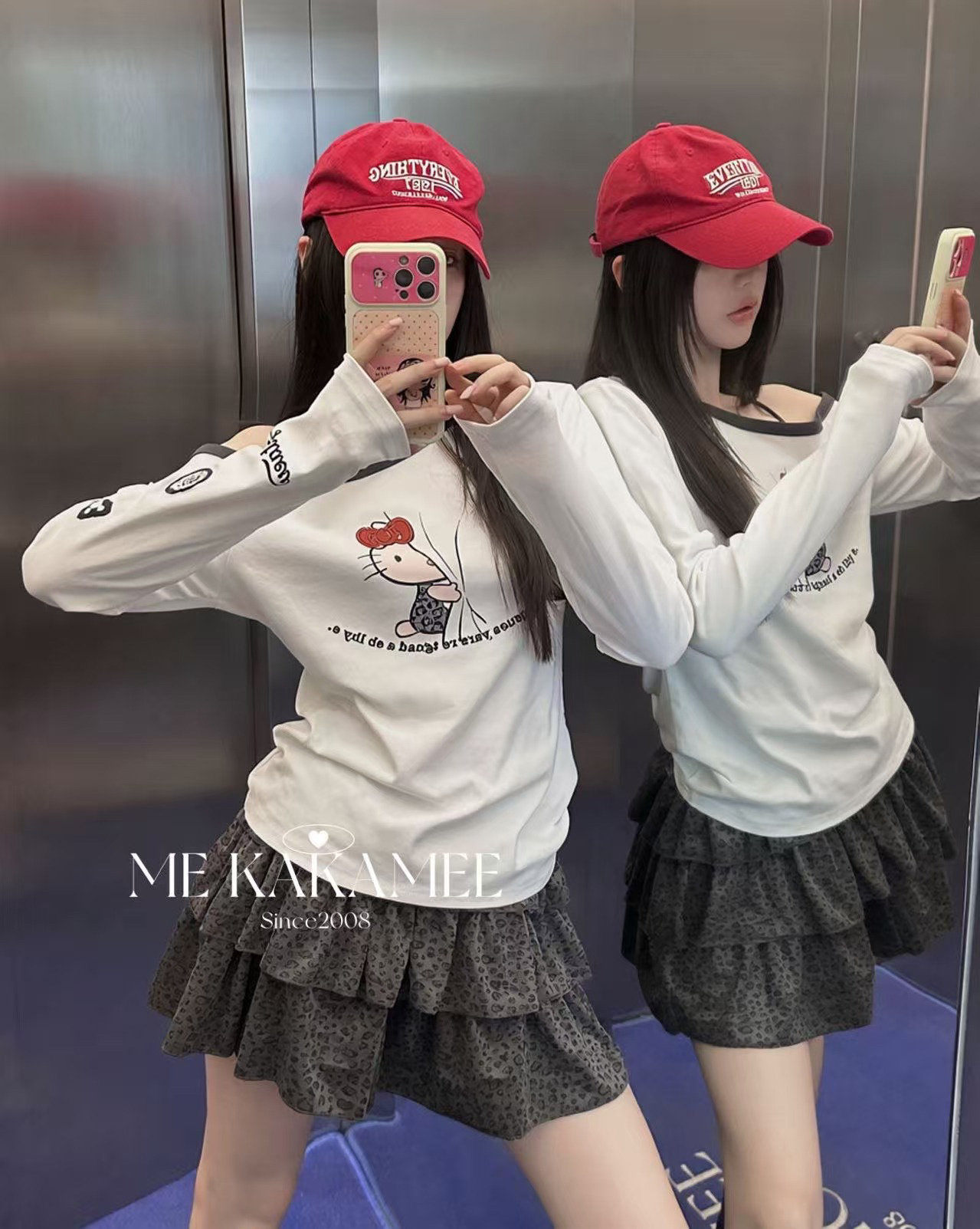 ME KAKAMEE秋新品喷画KT猫手袖徽章撞色设计斜肩小版长袖T恤9696