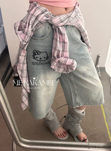 ME KAKAMEE夏新品趣味刺绣KT猫休闲设计七分牛仔裤女显瘦C0795