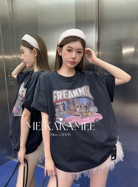 ME KAKAMEE夏美式复古字母汽车喷画水洗炒纱宽松大版短袖T恤S3976