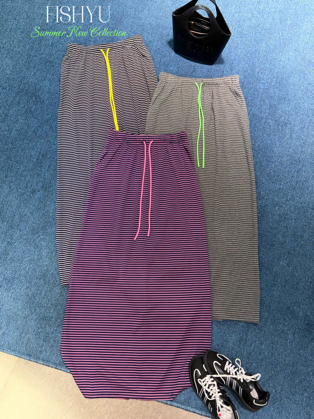 FISH YU夏季新款撞色腰绳松紧腰后开叉休闲长裙百搭显瘦半身裙