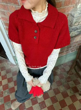 peanut花生家冬新款韩版时尚短袖叠穿真好看的红色毛衣针织衫1208