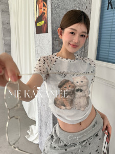 ME KAKAMEE新品甜辣猫咪喷画网纱星星插肩袖百搭显瘦短袖T恤S5027