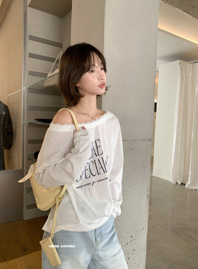 IMISS早春新款韩版时尚花边印花一字领长袖T恤衫女上衣90569