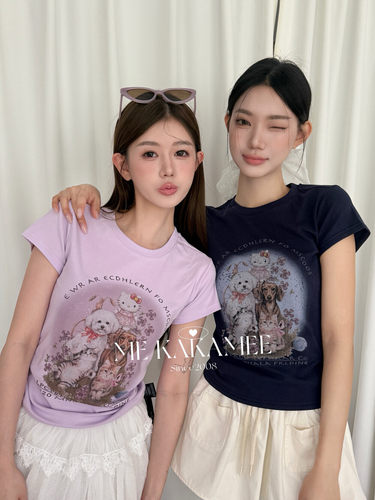 ME KAKAMEE夏新品萌宠全家福彩喷小版高弹力短袖T恤圆领女S5066
