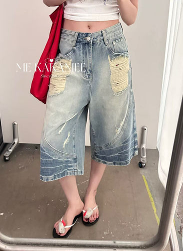 ME KAKAMEE夏新品磨破设计感七分裤休闲显瘦上衣牛仔裤0838