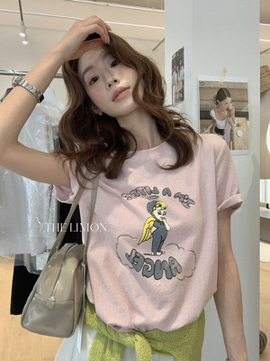 The lemon夏季新款女天使趣味印花圆领短袖T恤休闲上衣10352