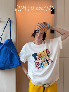 YU夏新款美式彩色字母印花立体纽扣装饰宽松圆领短袖T恤女26076