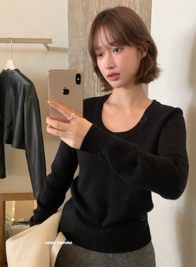 IMISS冬新款加绒加厚一体绒大u领百搭针织衫上衣长袖打底衫01275