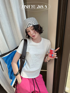 YU夏新款美式复古卡通米奇压花修身小版正肩上衣短袖T恤626105