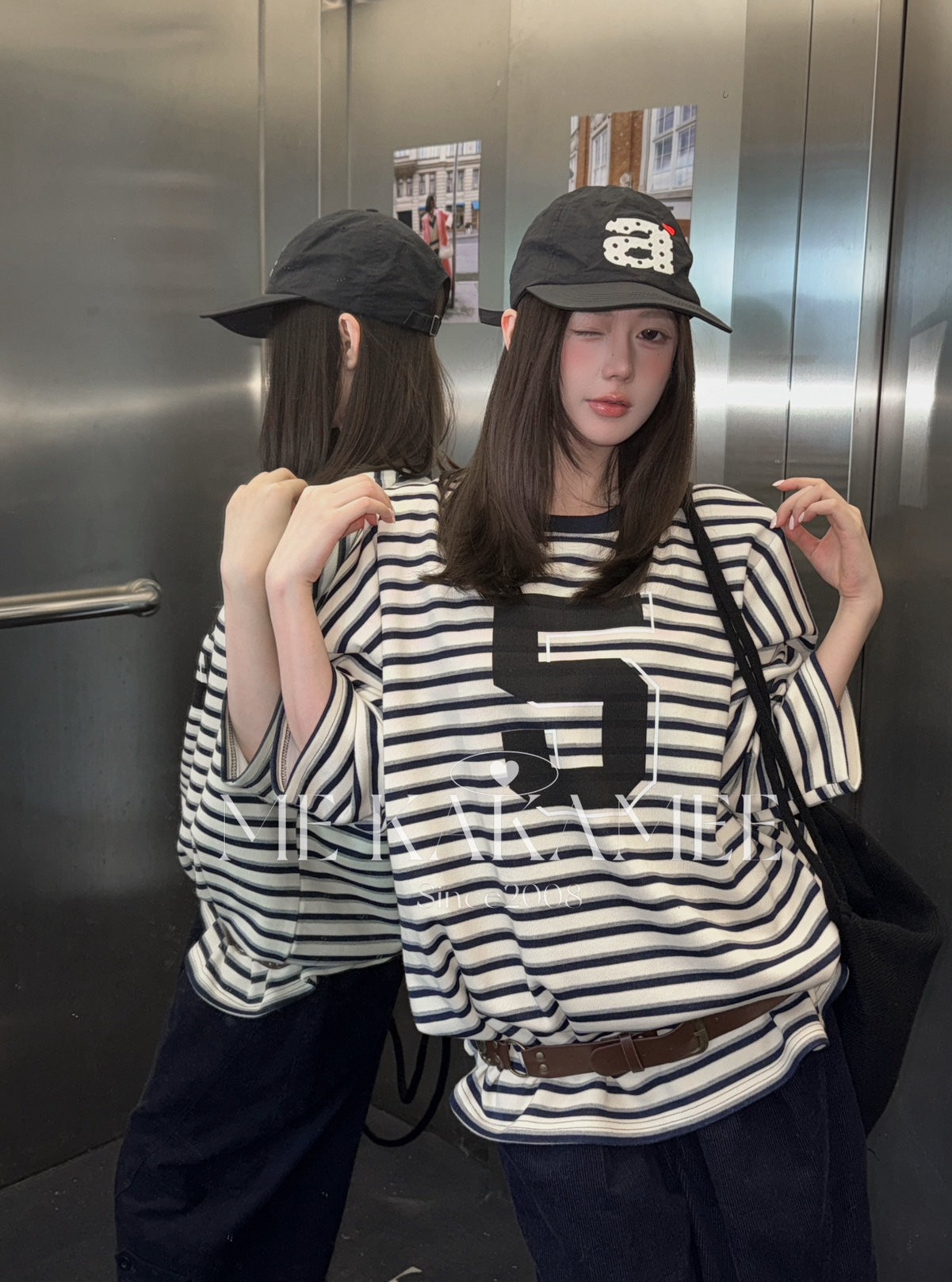 ME KAKAMEE秋新品韩系简约慵懒条纹加绒宽松大版卫衣S5700