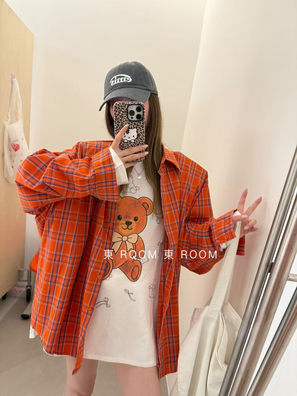 東ROOM早秋新款韩版休闲百搭复古橙色格纹宽松衬衫开衫女63637