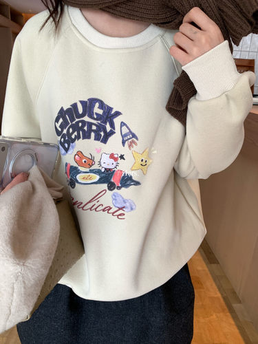 Hers冬新款简约日常休闲调性卡通kitty猫休闲韩版加绒卫衣92551