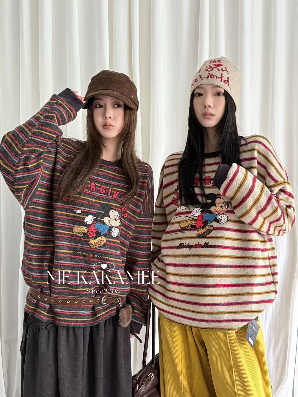 ME KAKAMEE冬新品喷画卡通米奇厚实条纹卫衣圆领大版上衣9032