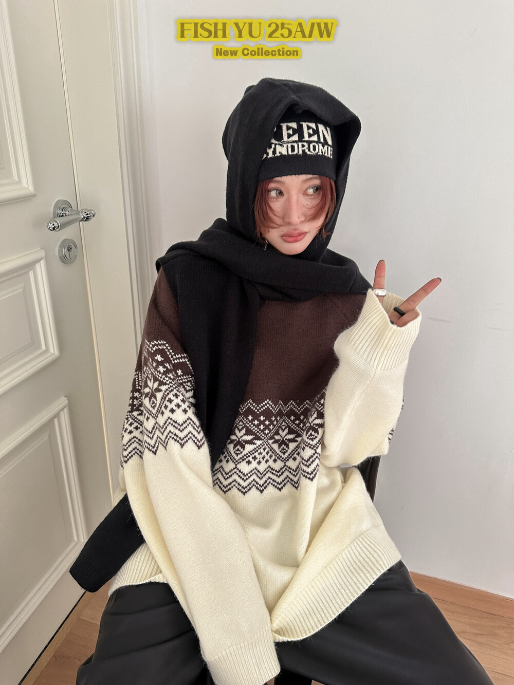 YU冬新款韩版简约复古撞色费尔岛提花北极绒加厚针织保暖毛衣女