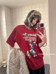 YU冬新款 T恤女 欧货卡通蓝精灵字母彩拔印花加厚磨毛圆领宽松短袖