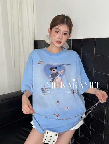 ME KAKAMEE爱心米奇KT猫蛋糕喷画水洗渐变宽松大版短袖T恤S5018