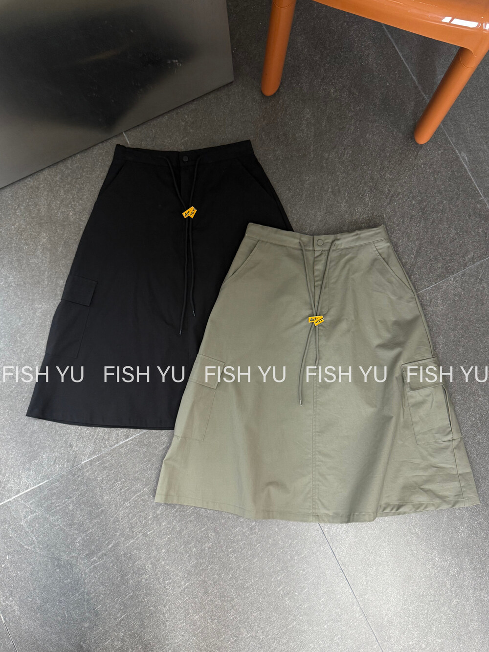 FISH YU早秋韩系复古抽绳腰大口袋显瘦中长工装伞裙半身裙26518