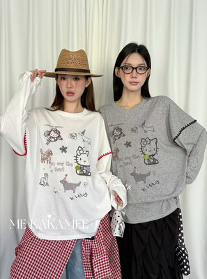 ME KAKAMEE早春新款韩版涂鸦趣味小狗KT明线设计大版长袖T恤 9161