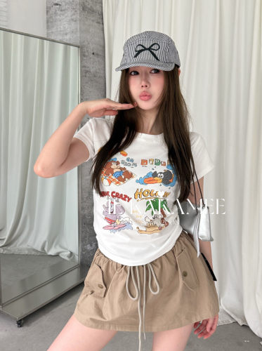 ME KAKAMEE夏新品卡通海岛度假彩喷小版高弹力圆领短袖T恤S5135