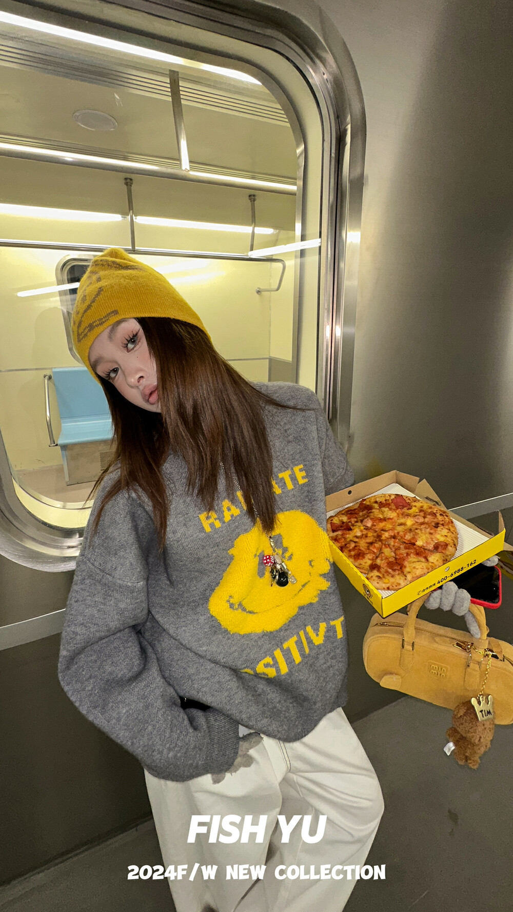 YU冬季新款美式复古笑脸立体提花加厚北极绒圆领宽松毛衣女上衣