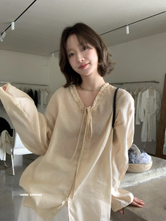 IMISS韩标！夏新款韩版气质花边V领系带天丝麻小衫上衣衬衫20373