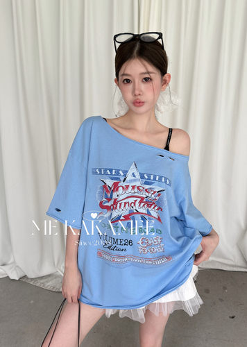 ME KAKAMEE夏美式复古彩喷AB面正反两穿斜肩宽松大版短袖T恤S5127