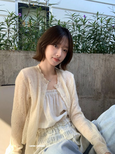 IMISS韩标!春新品简约圆领镂空针织开衫外套女休闲上衣 01332