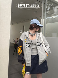 YU春款美式复古字母印花撞色拼接休闲宽松卫衣外套宽松女626033