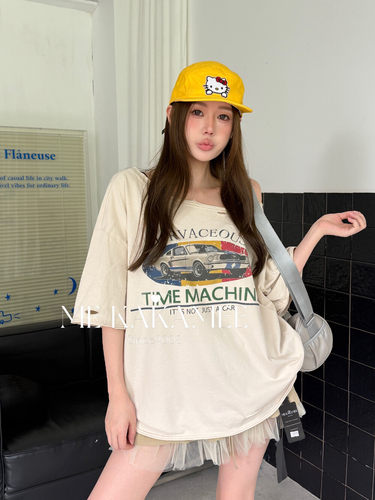 ME KAKAMEE夏新品美式复古汽车喷画破洞斜肩宽松大版短袖T恤S5117