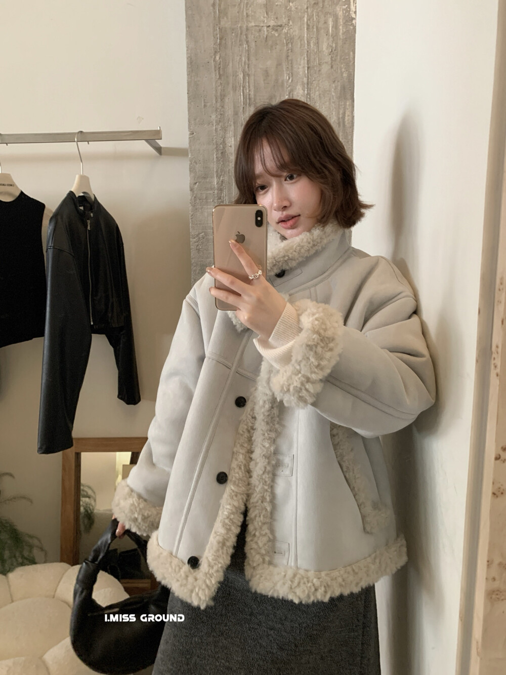 IMISS韩标!冬新款百搭显瘦质感羊羔毛皮毛一体外套棉衣女70881