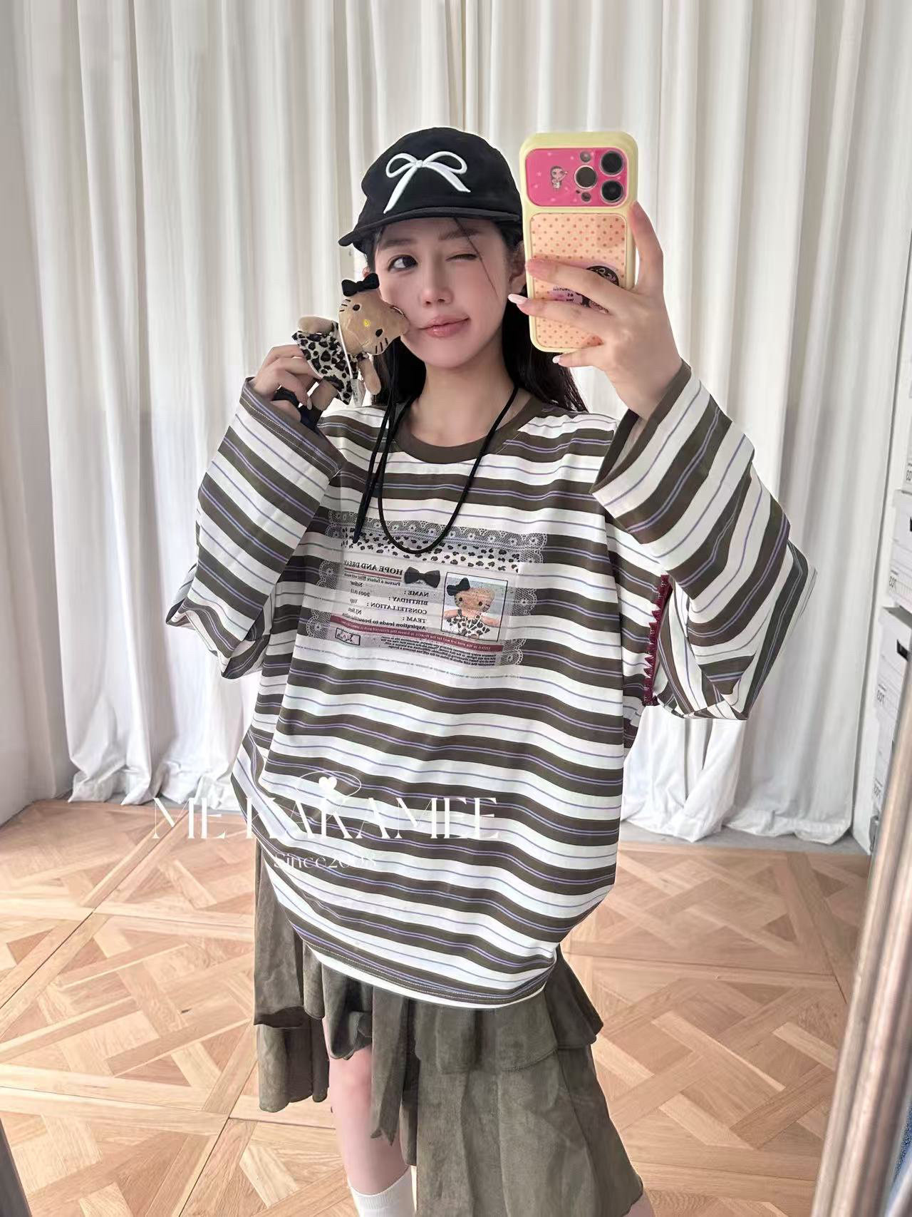 ME KAKAMEE秋新品卡通条纹kt猫长袖T恤 配kitty挂件9673