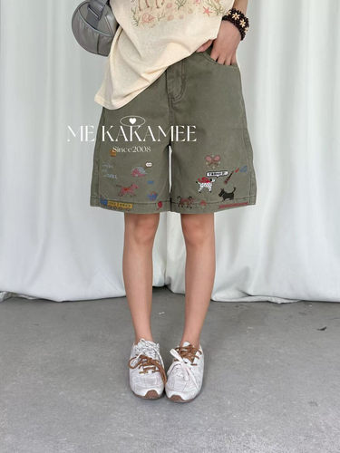 ME KAKAMEE夏新品重工刺绣小狗美式设计五分工装牛仔短裤女C0851