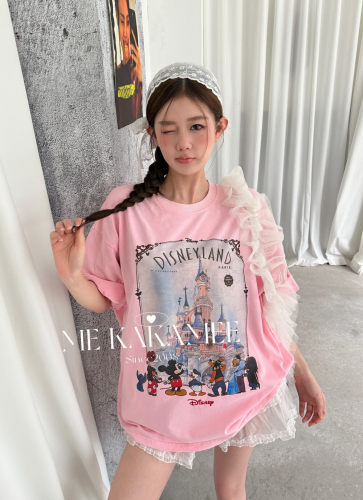 ME KAKAMEE夏新品卡通迪士尼城堡彩喷宽松大版休闲短袖T恤S3979