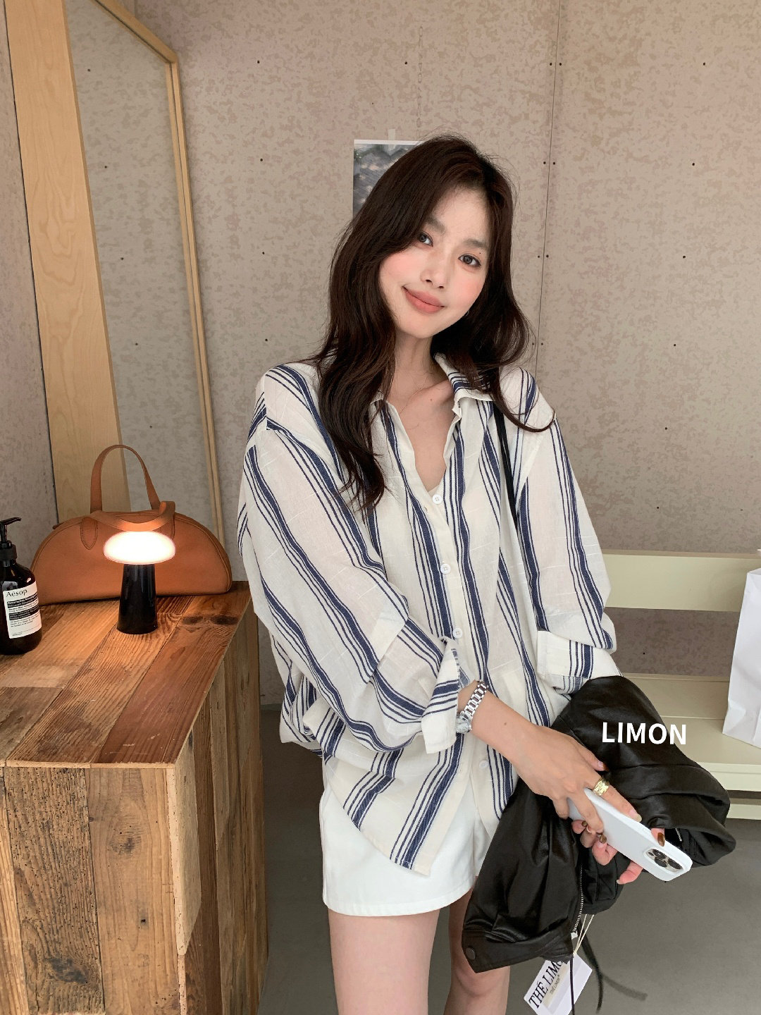 柠檬绿茶2026早秋新款韩版韩代款轻氧松弛感条纹衬衫上衣女11215
