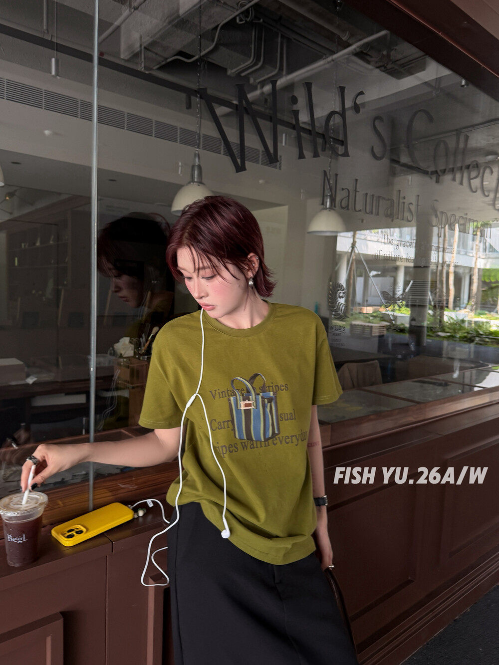 FISH YU美式竖条纹购物袋字母印花立体小标装饰正肩圆领短袖T恤女