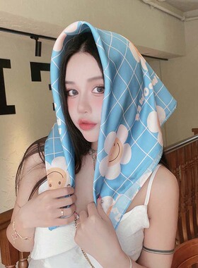 韩系格子天蓝色丝巾方巾女头巾