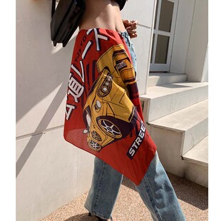 尤嘻岛自制日系红色小方巾丝巾抹胸女纯棉街舞嘻哈头巾男包头潮流