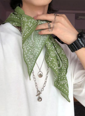绿色丝巾小方巾女复古日系文艺围脖潮牌街头嘻哈棉麻头巾围巾男