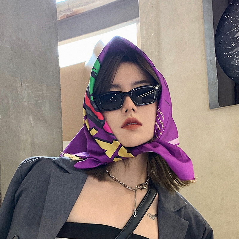 尤嘻岛原创美式嘻哈方巾丝巾女围巾春秋薄紫色显脸小显白头巾包头