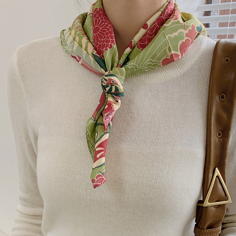 国潮千鹤灰色日系黑色绿色小围巾