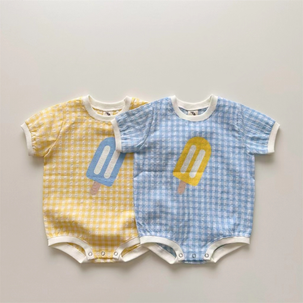 韩版婴幼童夏季凉爽雪糕哈衣爬爬服男女宝宝短袖可爱格子三角爬