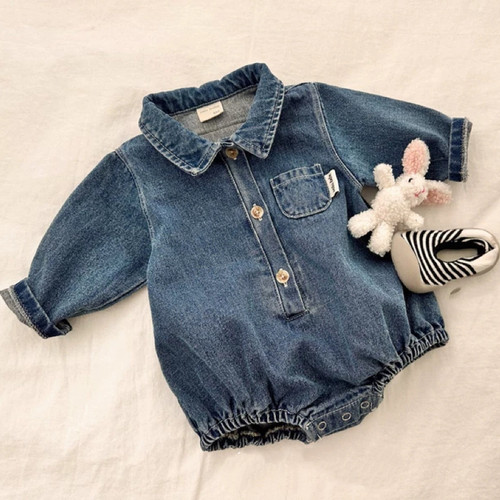 韩版ins牛仔连体衣纯色新款男女宝宝长袖可爱三角哈衣包屁衣牛仔