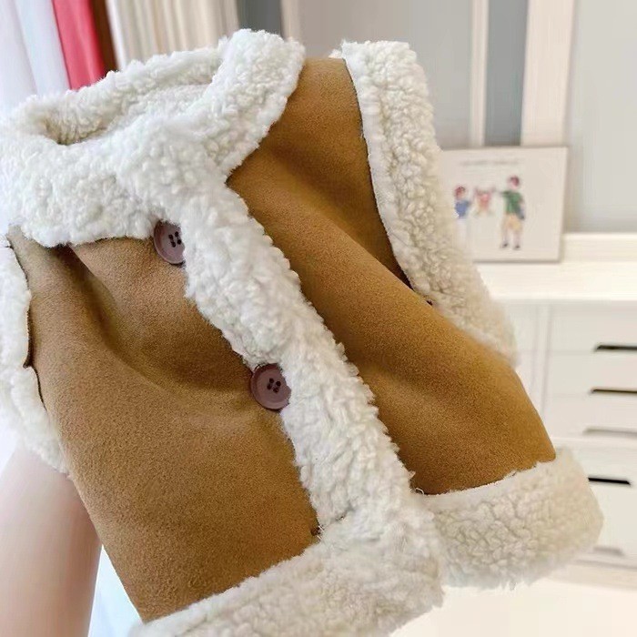 ins复古时尚皮毛一体冬季背心柔软潮范中小童羊羔绒厚实上衣马甲