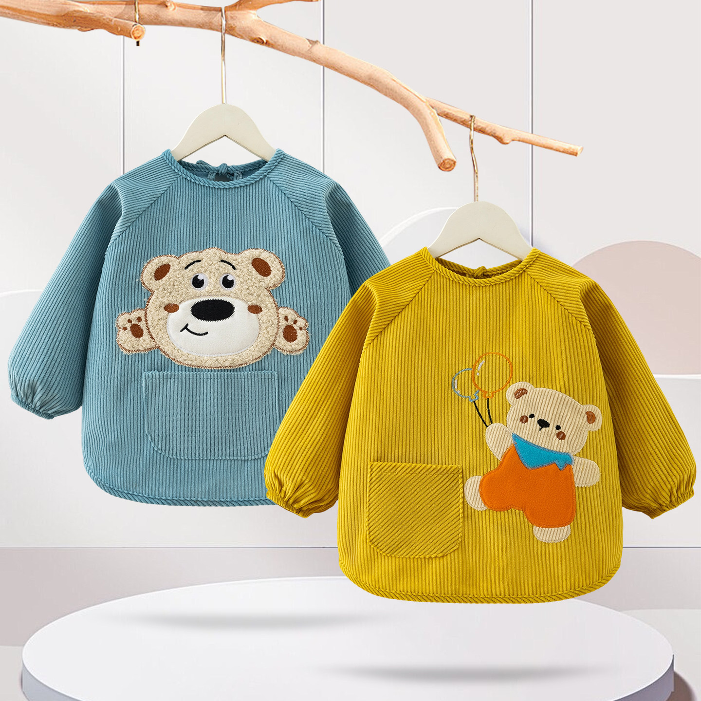 儿童围裙绘画围裙套羽绒服秋冬护衣反穿大童新款加大灯芯绒罩衣