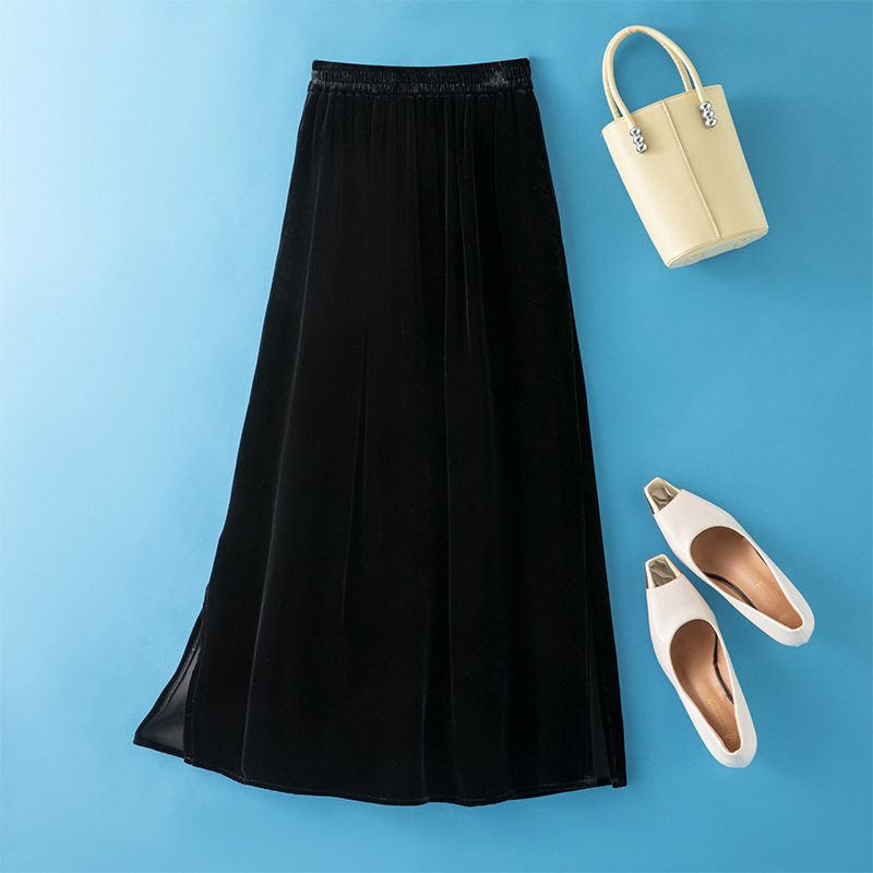 复古优雅！时尚真丝丝绒拼接半身裙 春秋松紧高腰口袋桑蚕丝长裙