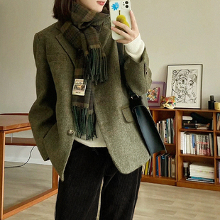 外套 100%羊毛高质感人字纹复古粗花呢绿色西装 炒鸡舒适 春秋新款