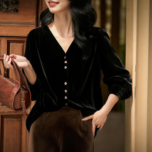 柔软舒适！柔雾光泽真丝丝绒气质衬衫 秋季新款黑色长袖V领衬衣
