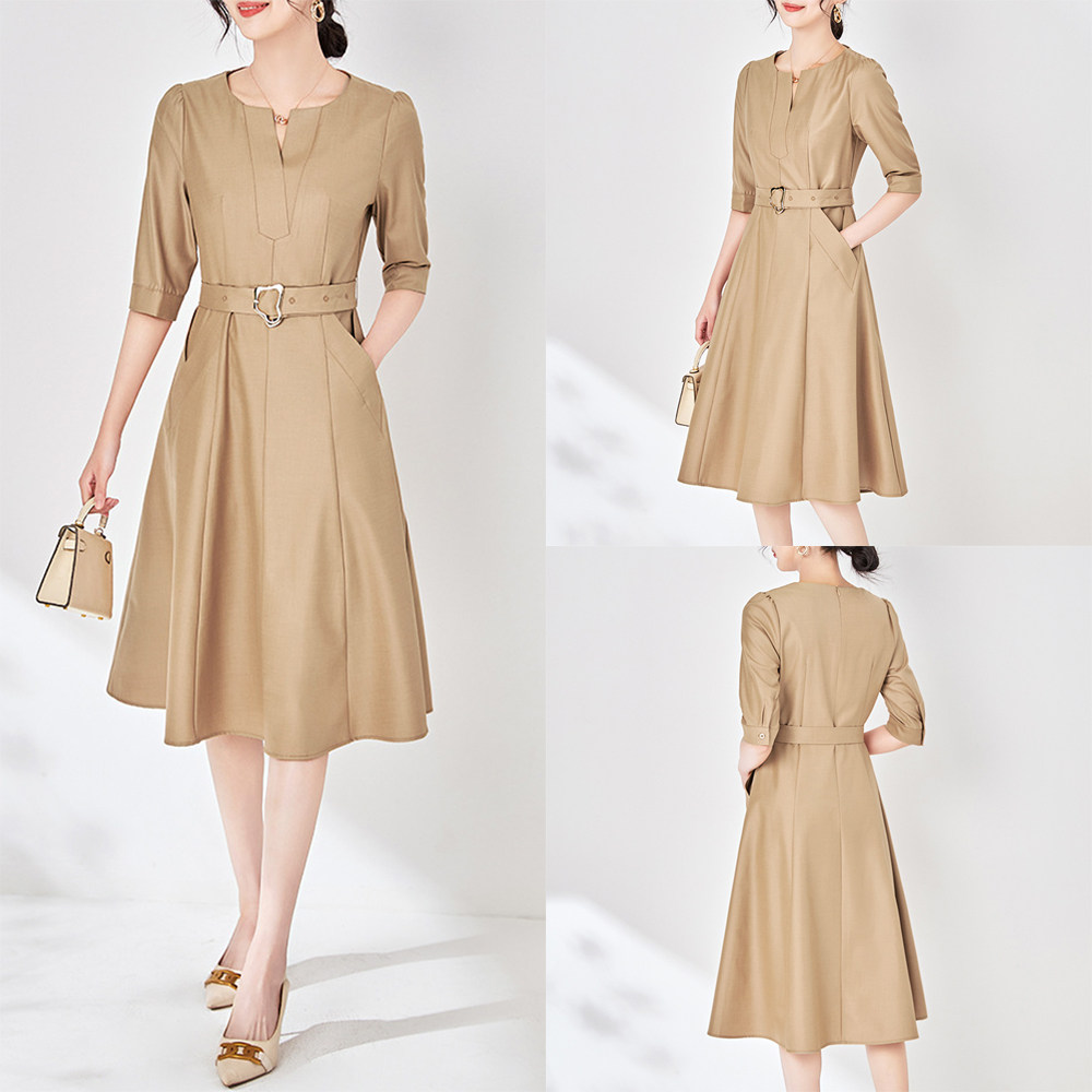 春秋新款气质干练半开领插袋收腰显瘦遮肉时髦连衣裙
