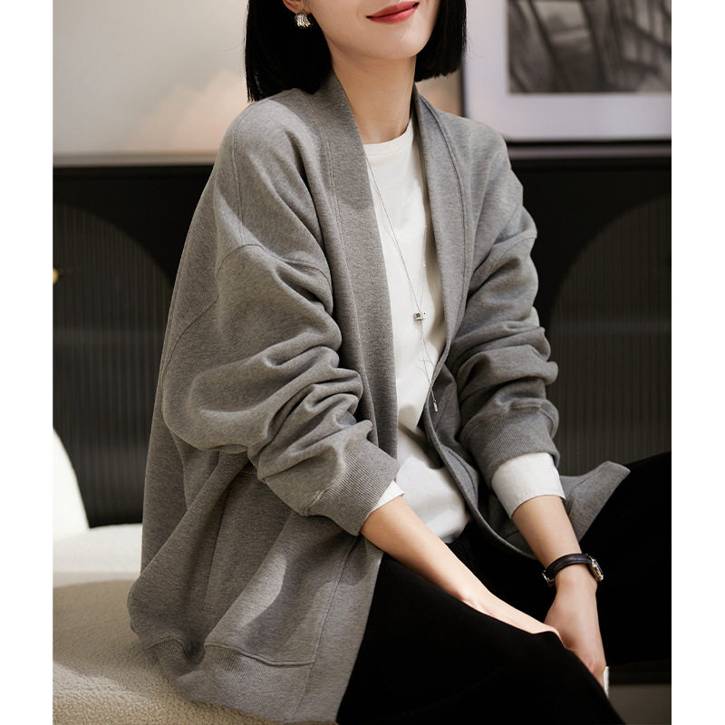慵懒随性！美式BF风V领时髦卫衣外套 春秋新款黑灰色女装针织开衫